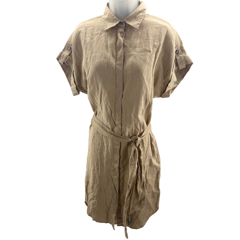 Lauren Ralph Lauren Tan 100% Linen Button Down Belted Shirt Dress Size 4 NEW